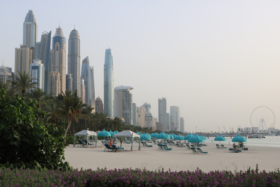 Dubai beach with palm trees and skyscrapers in the background