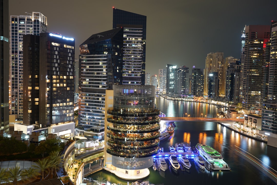 Dubai Marina towers illuminated at night