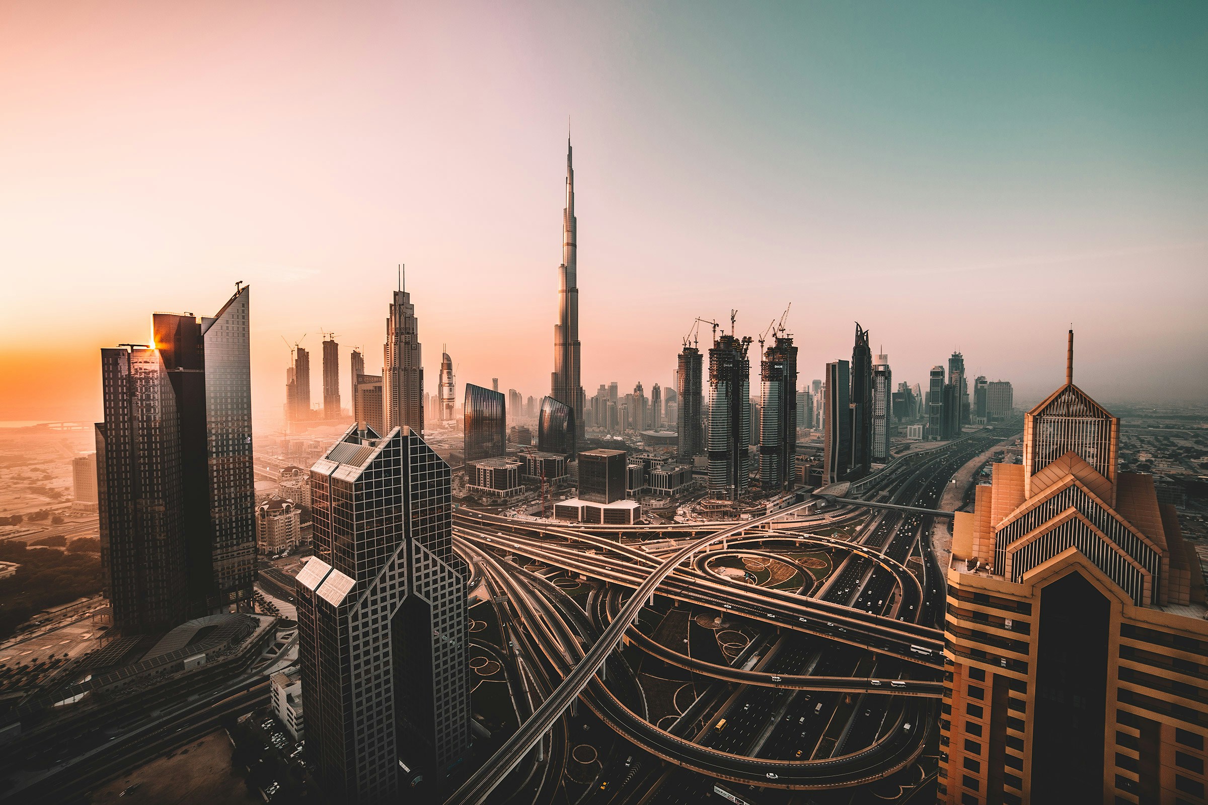 Sunrise over Downtown Dubai and Burj Khalifa skyline